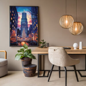 Travel Poster New York Rockefeller Center in Abendstimmung. Blick auf den Weihnachtsbaum vor dem Rockefeller Center.