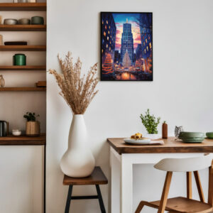 Travel Poster New York Rockefeller Center in Abendstimmung. Blick auf den Weihnachtsbaum vor dem Rockefeller Center.