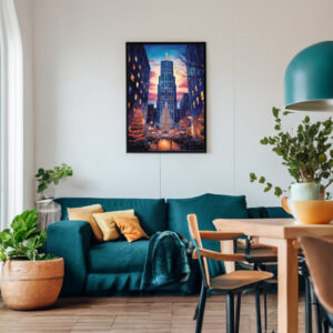 Travel Poster New York Rockefeller Center in Abendstimmung. Blick auf den Weihnachtsbaum vor dem Rockefeller Center.