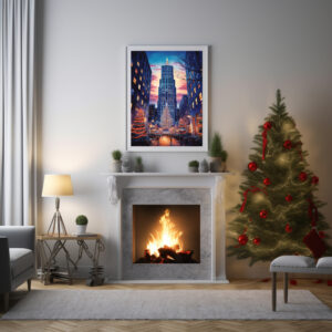 Travel Poster New York Rockefeller Center in Abendstimmung. Blick auf den Weihnachtsbaum vor dem Rockefeller Center.