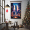 Travel Poster New York Rockefeller Center in Abendstimmung. Blick auf den Weihnachtsbaum vor dem Rockefeller Center.