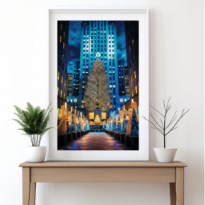 Blick auf den Weihnachtsbaum vor dem weltberühmten Rockefeller Center. Goldene Engel stehen Spalier
