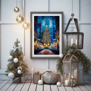 Blick auf den Weihnachtsbaum vor dem weltberühmten Rockefeller Center. Goldene Engel stehen Spalier