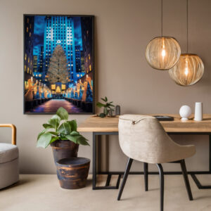 Blick auf den Weihnachtsbaum vor dem weltberühmten Rockefeller Center. Goldene Engel stehen Spalier