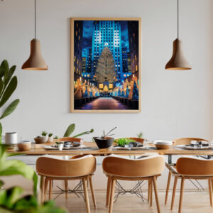 Blick auf den Weihnachtsbaum vor dem weltberühmten Rockefeller Center. Goldene Engel stehen Spalier