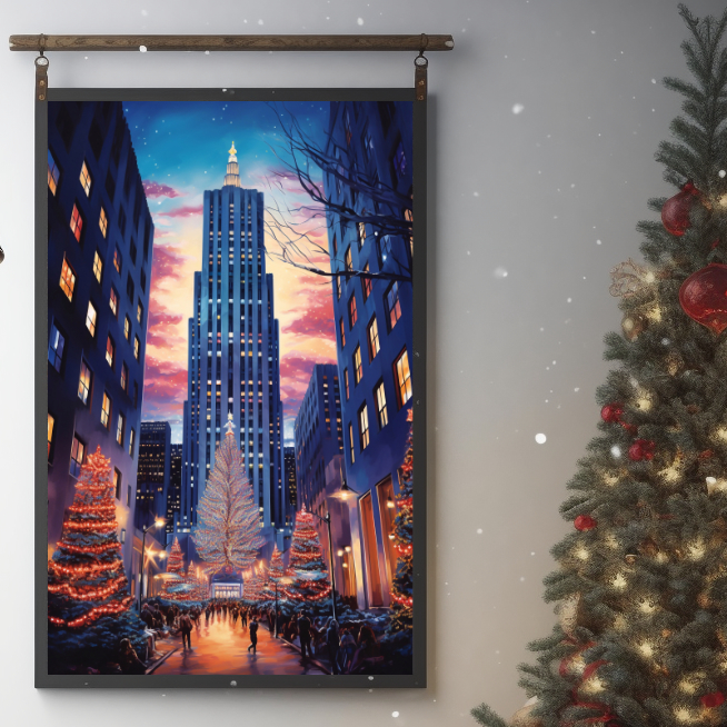 Travel Poster New York Rockefeller Center in Abendstimmung. Blick auf den Weihnachtsbaum vor dem Rockefeller Center.