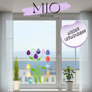 Osterdeko Fensterbild. Selbsthaftende bunte Ostereier und Rankepflanze zum Anbringen auf das Fenster oder andere glatten Oberflächen