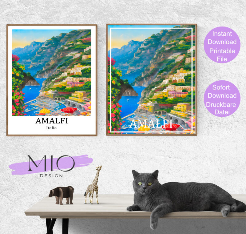 Travel Poster Amalfi, Italien, bunt. Blick auf die Amalfiküste und deren bunte Häuser