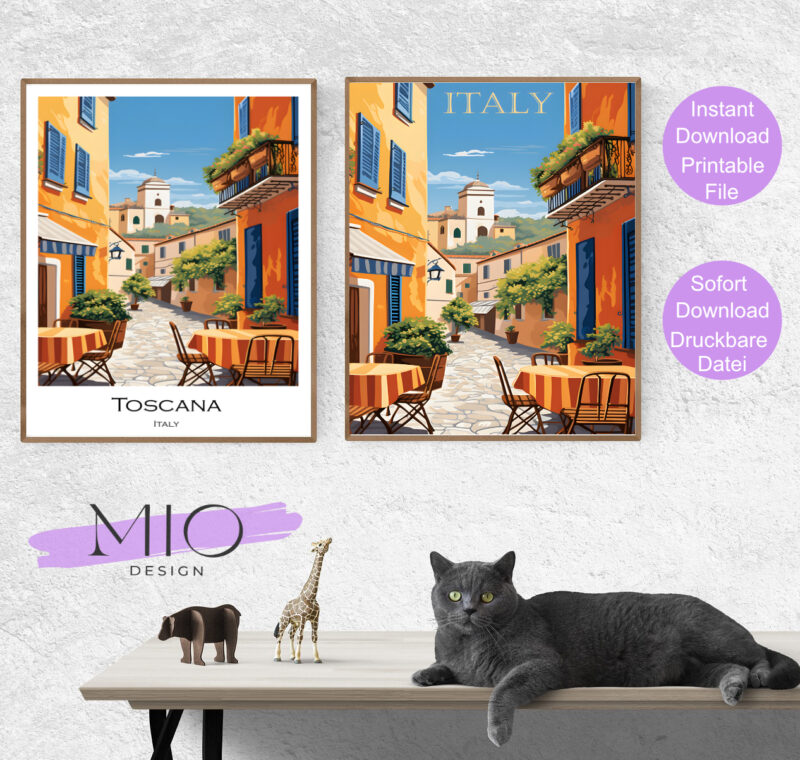 Travel Poster zeigt ein Strassencafe in einer kleinen italienischen Stadt in der Toscana. Ein buntes Bild in den typischen Farben der Toscana.
