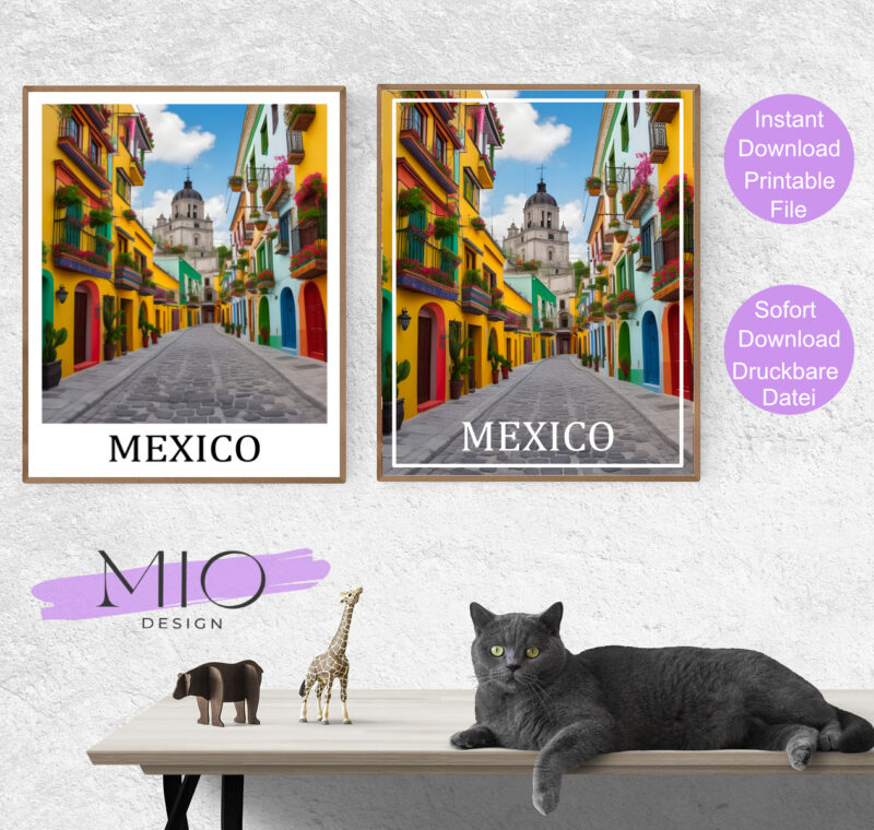 Travel Poster Mexiko, Nordamerika, Strassenszene Mexiko Stadt mit den typischen bunten Häusern dieser Gegend.
