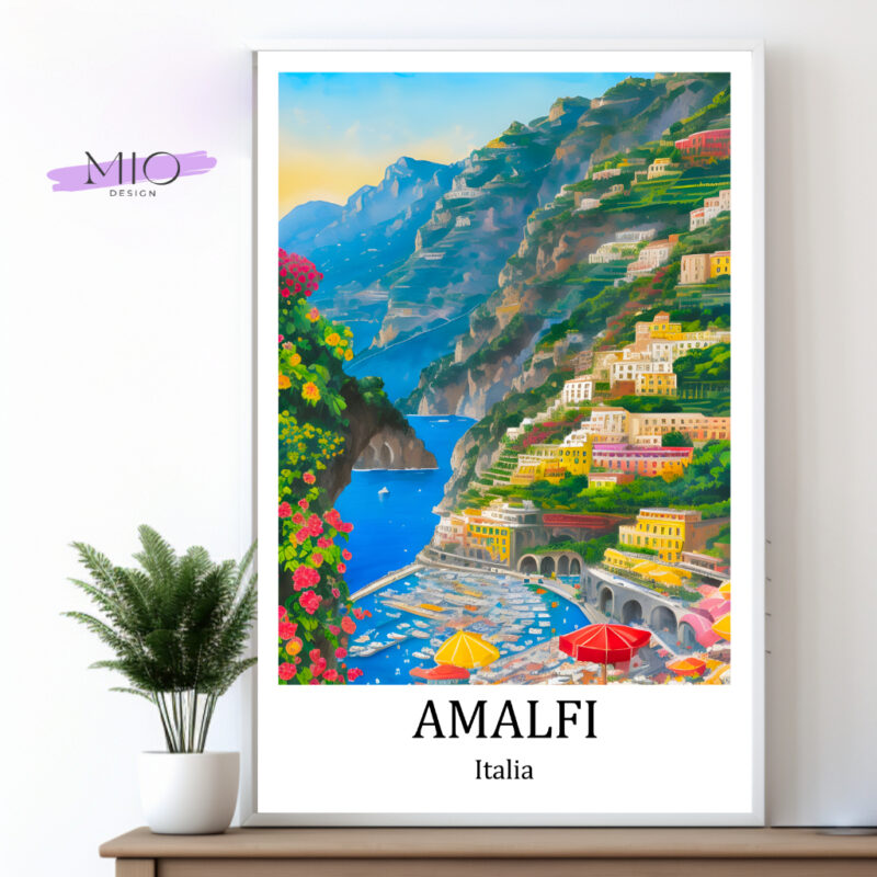 Travel Poster Amalfi, Italien, bunt. Blick auf die Amalfiküste und deren bunte Häuser