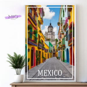 Travel Poster Mexiko, Nordamerika, Strassenszene Mexiko Stadt mit den typischen bunten Häusern dieser Gegend.