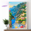 Travel Poster Amalfi, Italien, bunt. Blick auf die Amalfiküste und deren bunte Häuser