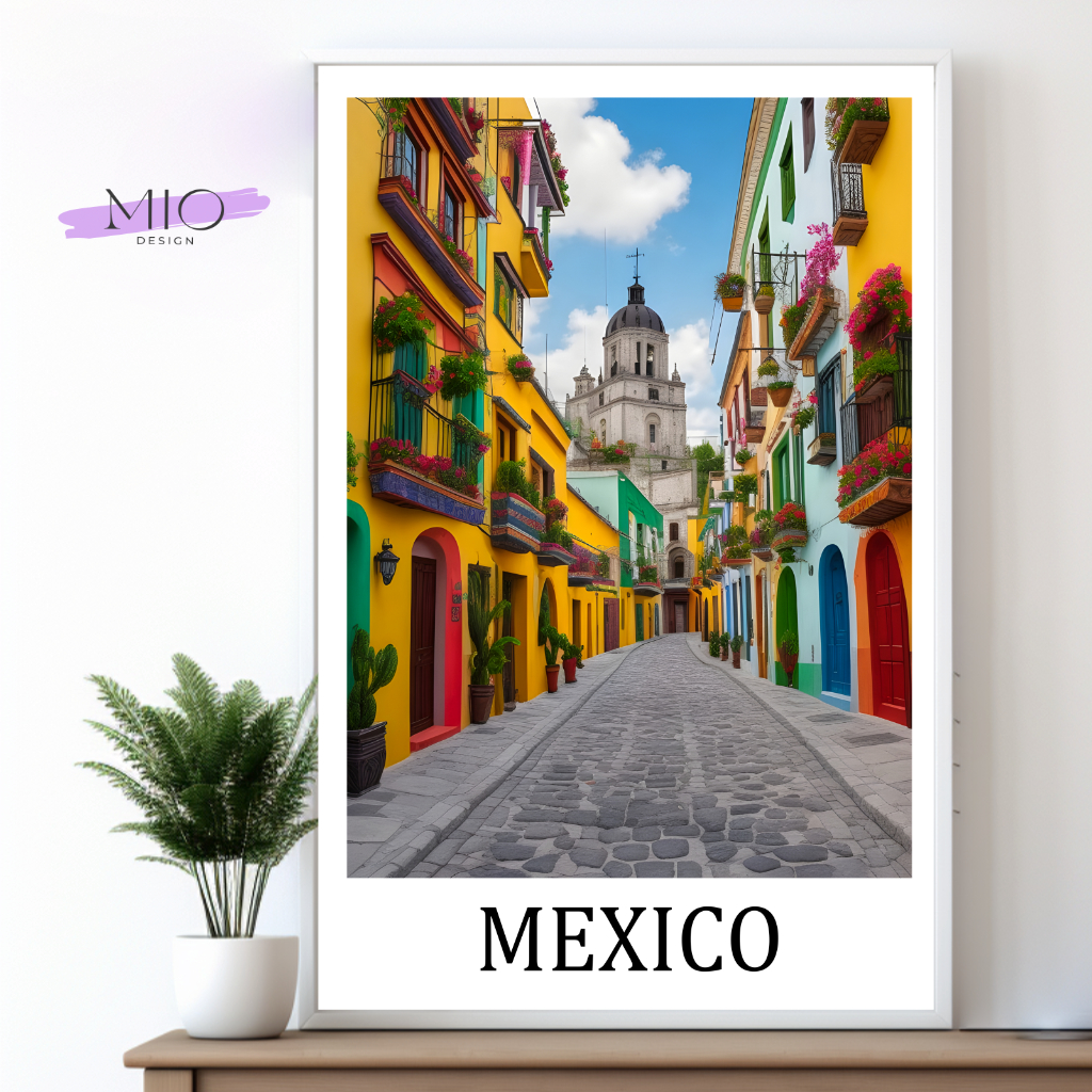 Travel Poster Mexiko, Nordamerika, Strassenszene Mexiko Stadt mit den typischen bunten Häusern dieser Gegend.