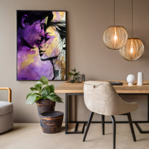 Digital erstelltes Aquarell-Kunstwerk, das ein Liebespaar zeigt. Die Farben sind in lila und gold gehalten, das Paar in schwarzer Lineart.