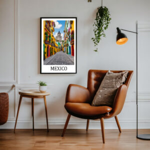 Travel Poster Mexiko, Nordamerika, Strassenszene Mexiko Stadt mit den typischen bunten Häusern dieser Gegend.