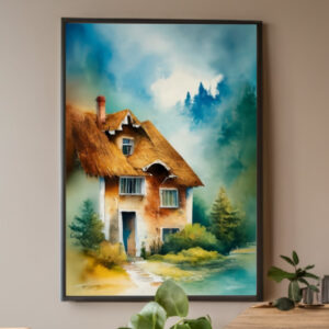 Mystisches Haus in der Natur in Mitten eines Waldes. Aquarellbild digital erstellt.