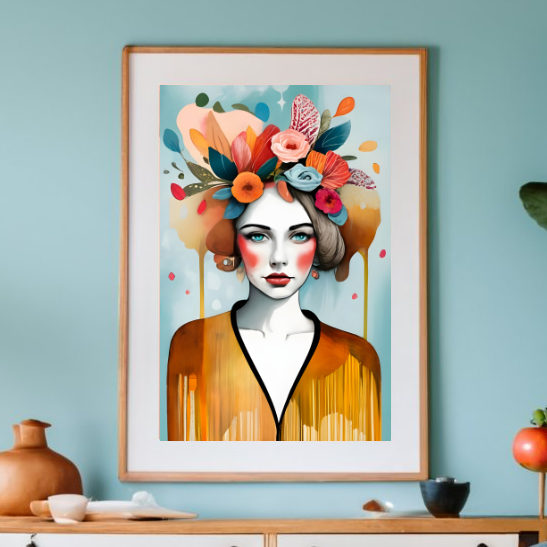 Frauenkopf mit Blumen im Haar, Boho Kunstdruck zum Download. Schöne Wall Art im Boho Stil für Zuhause oder Büro