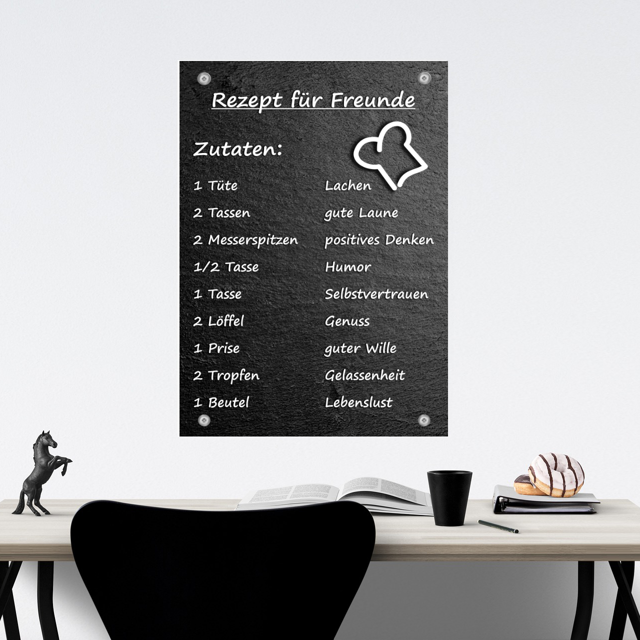 Poster, das eine Schieferplatte darstellt, auf der das Rezept für Freund aufgedruckt ist. Schieferplatte in schwarz, Schrift in weiß.