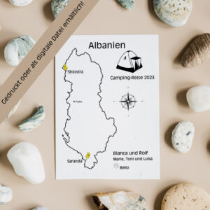 Reiseposter mit dem Umriss von Albanien, individuell anpassbar mit Passendem Reisefahrzeug, Jahr und Namen der Teilnehmer