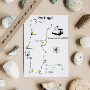 Reiseposter mit dem Umriss von Portugal, individuell anpassbar mit Passendem Reisefahrzeug, Jahr und Namen der Teilnehmer