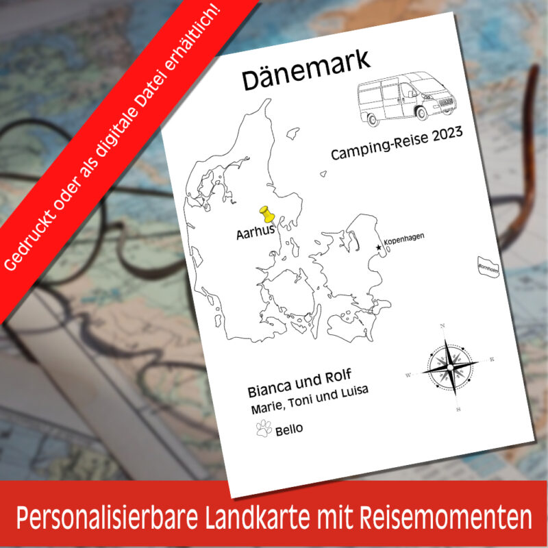 Reiseposter mit dem Umriss von Dänemark, individuell anpassbar mit Passendem Reisefahrzeug, Jahr und Namen der Teilnehmer