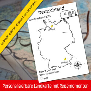 Reiseposter mit dem Umriss von Deutschland, individuell anpassbar mit Passendem Reisefahrzeug, Jahr und Namen der Teilnehmer