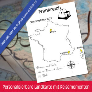 Reiseposter mit dem Umriss von Frankreich, individuell anpassbar mit Passendem Reisefahrzeug, Jahr und Namen der Teilnehmer