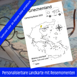 Reiseposter mit dem Umriss von Griechenland, individuell anpassbar mit Passendem Reisefahrzeug, Jahr und Namen der Teilnehmer
