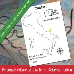 Reiseposter mit dem Umriss von Italien, individuell anpassbar mit Passendem Reisefahrzeug, Jahr und Namen der Teilnehmer