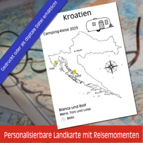 Reiseposter mit dem Umriss von Kroatien, individuell anpassbar mit Passendem Reisefahrzeug, Jahr und Namen der Teilnehmer