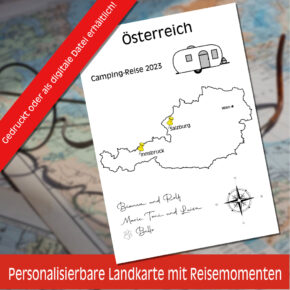 Reiseposter mit dem Umriss von Österreich, individuell anpassbar mit Passendem Reisefahrzeug, Jahr und Namen der Teilnehmer