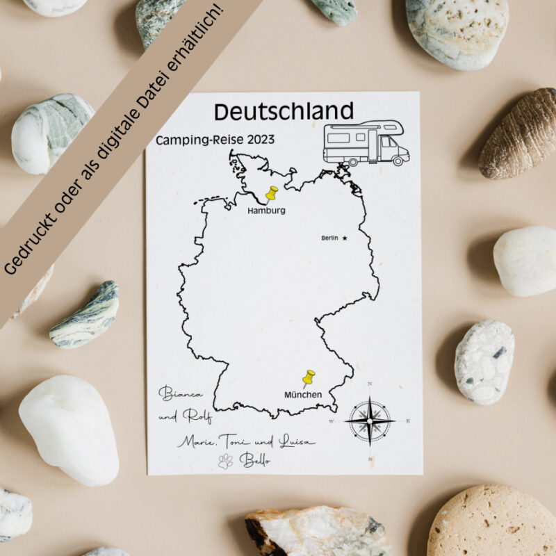 Reiseposter mit dem Umriss von Deutschland, individuell anpassbar mit Passendem Reisefahrzeug, Jahr und Namen der Teilnehmer