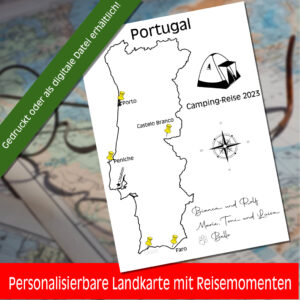 Reiseposter mit dem Umriss von Portugal, individuell anpassbar mit Passendem Reisefahrzeug, Jahr und Namen der Teilnehmer