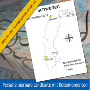 Reiseposter mit dem Umriss von Schweden, individuell anpassbar mit Passendem Reisefahrzeug, Jahr und Namen der Teilnehmer