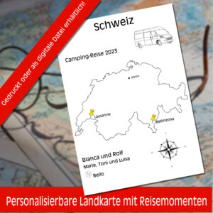 Reiseposter mit dem Umriss von Spanien, individuell anpassbar mit Passendem Reisefahrzeug, Jahr und Namen der Teilnehmer