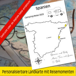 Reiseposter mit dem Umriss von Spanien, individuell anpassbar mit Passendem Reisefahrzeug, Jahr und Namen der Teilnehmer