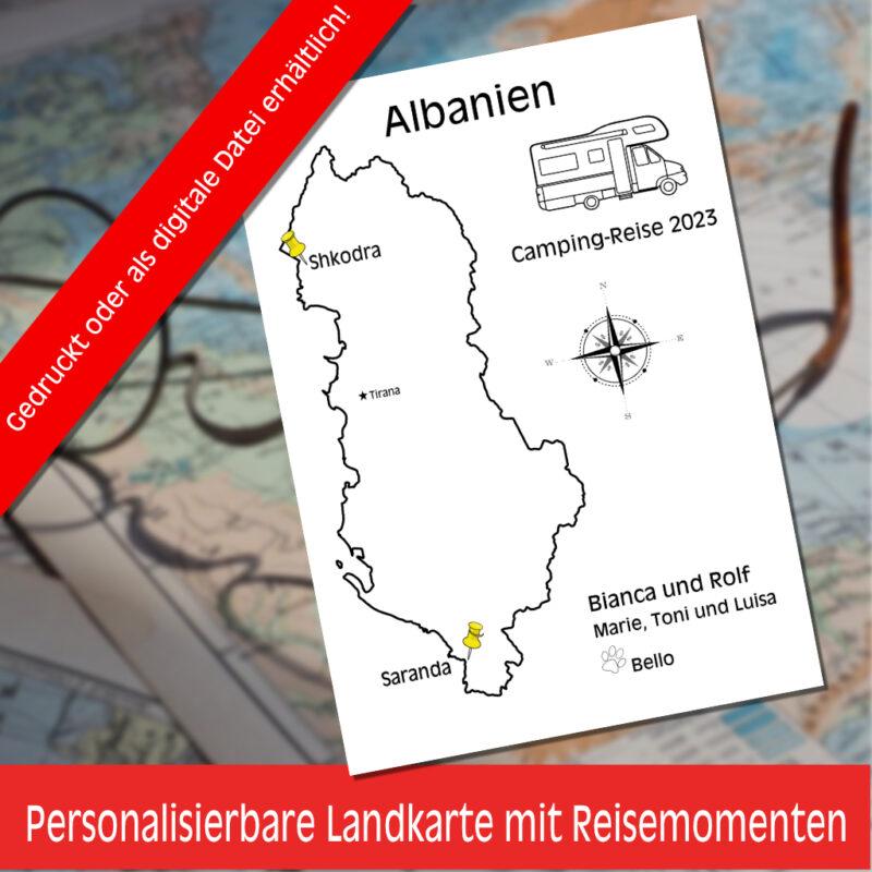 Reiseposter mit dem Umriss von Albanien, individuell anpassbar mit Passendem Reisefahrzeug, Jahr und Namen der Teilnehmer