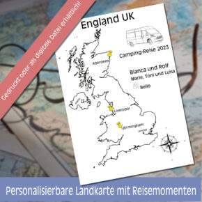 Reiseposter mit dem Umriss von England, individuell anpassbar mit Passendem Reisefahrzeug, Jahr und Namen der Teilnehmer