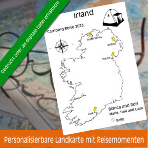 Reiseposter mit dem Umriss von Irland, individuell anpassbar mit Passendem Reisefahrzeug, Jahr und Namen der Teilnehmer