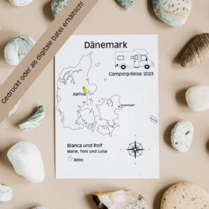 Reiseposter mit dem Umriss von Dänemark, individuell anpassbar mit Passendem Reisefahrzeug, Jahr und Namen der Teilnehmer