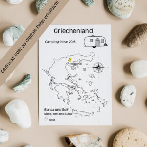 Reiseposter mit dem Umriss von Griechenland, individuell anpassbar mit Passendem Reisefahrzeug, Jahr und Namen der Teilnehmer