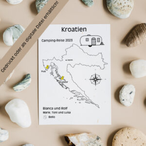 Reiseposter mit dem Umriss von Kroatien, individuell anpassbar mit Passendem Reisefahrzeug, Jahr und Namen der Teilnehmer
