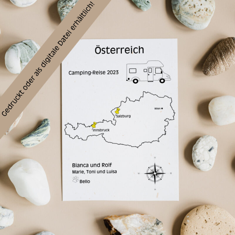 Reiseposter mit dem Umriss von Österreich, individuell anpassbar mit Passendem Reisefahrzeug, Jahr und Namen der Teilnehmer