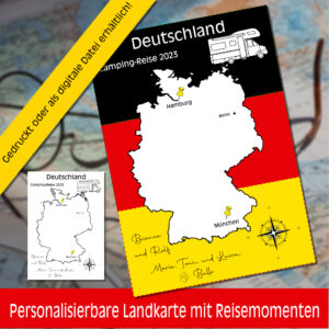 Reiseposter mit dem Umriss von Deutschland, individuell anpassbar mit Passendem Reisefahrzeug, Jahr und Namen der Teilnehmer