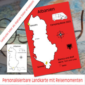 Reiseposter mit dem Umriss von Albanien, individuell anpassbar mit Passendem Reisefahrzeug, Jahr und Namen der Teilnehmer