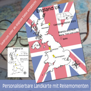 Reiseposter mit dem Umriss von England, individuell anpassbar mit Passendem Reisefahrzeug, Jahr und Namen der Teilnehmer