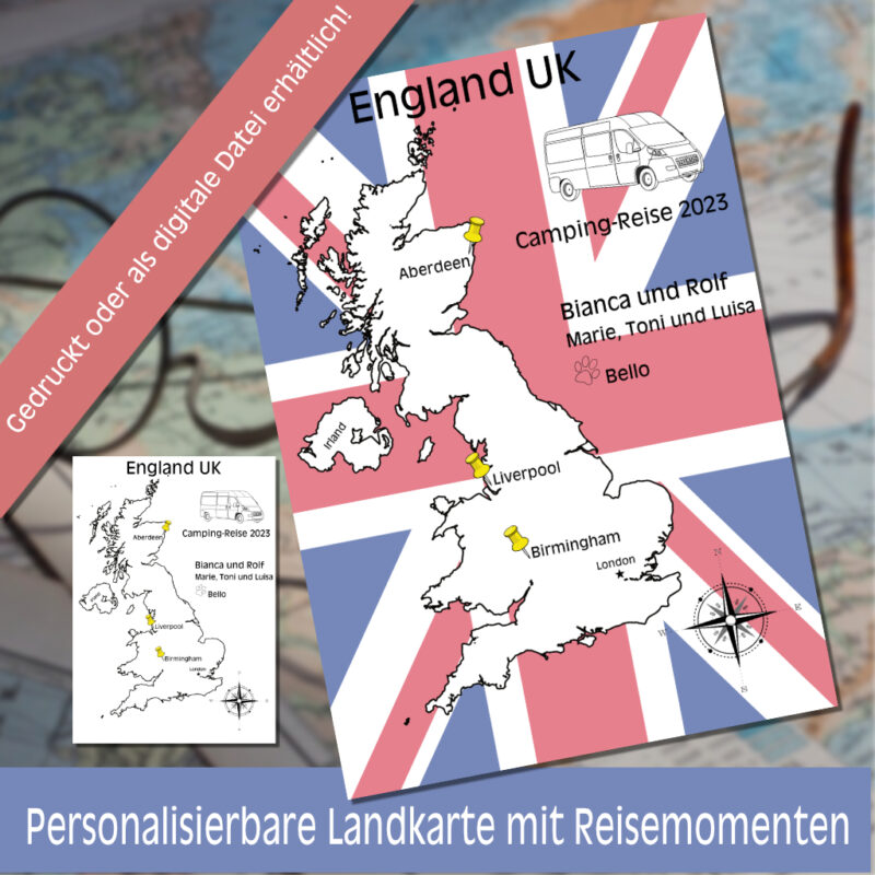 Reiseposter mit dem Umriss von England, individuell anpassbar mit Passendem Reisefahrzeug, Jahr und Namen der Teilnehmer