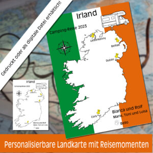 Reiseposter mit dem Umriss von Irland, individuell anpassbar mit Passendem Reisefahrzeug, Jahr und Namen der Teilnehmer
