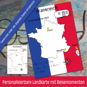 Reiseposter mit dem Umriss von Frankreich, individuell anpassbar mit Passendem Reisefahrzeug, Jahr und Namen der Teilnehmer